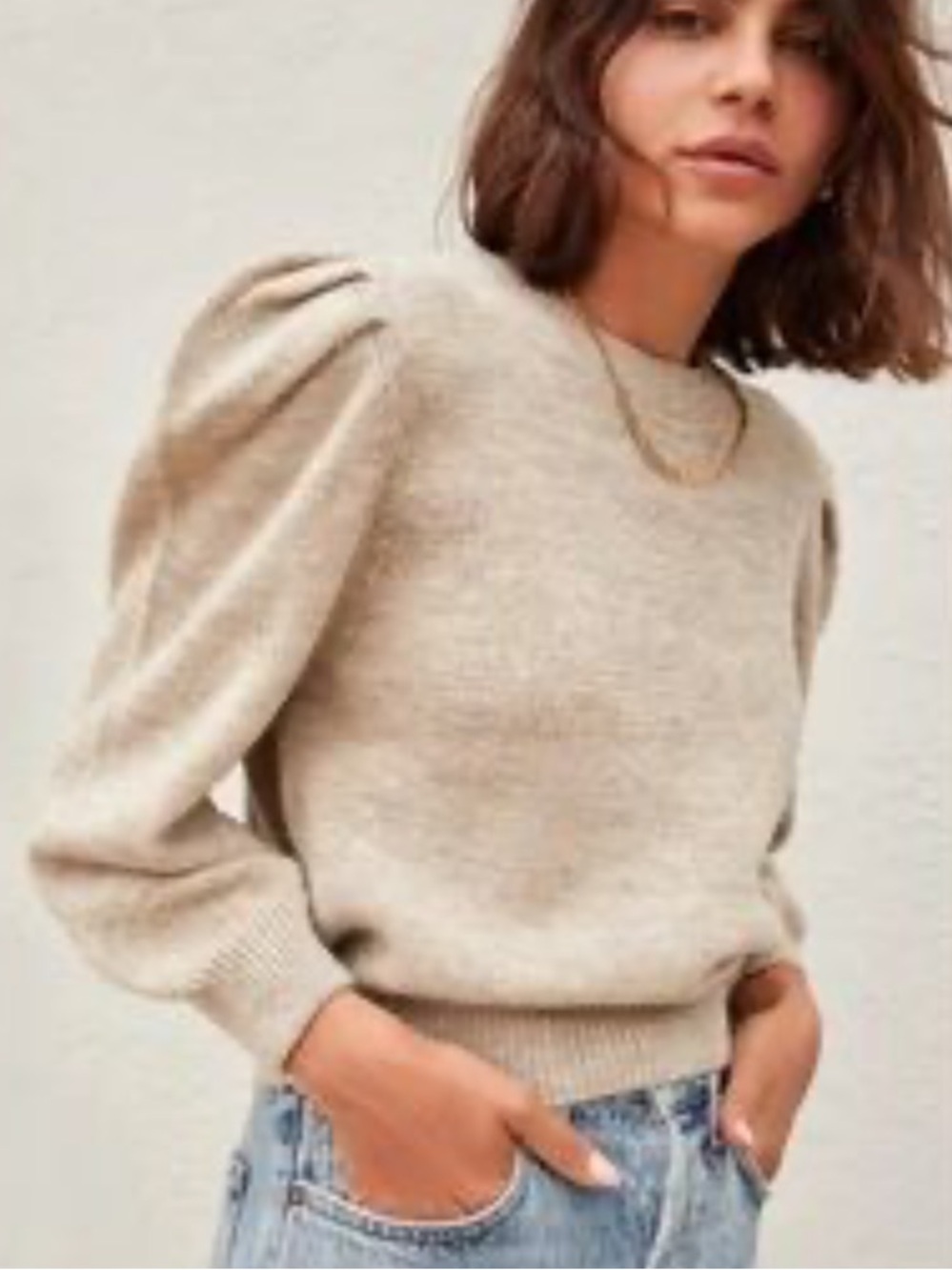 Loeffler Randall Cream Puff Shoulder Crewneck Sweater